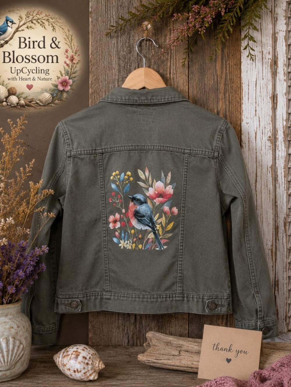 Upcycled Jean Jacket | Old Navy | Women's L | Bird & Wildflower Nature Art
